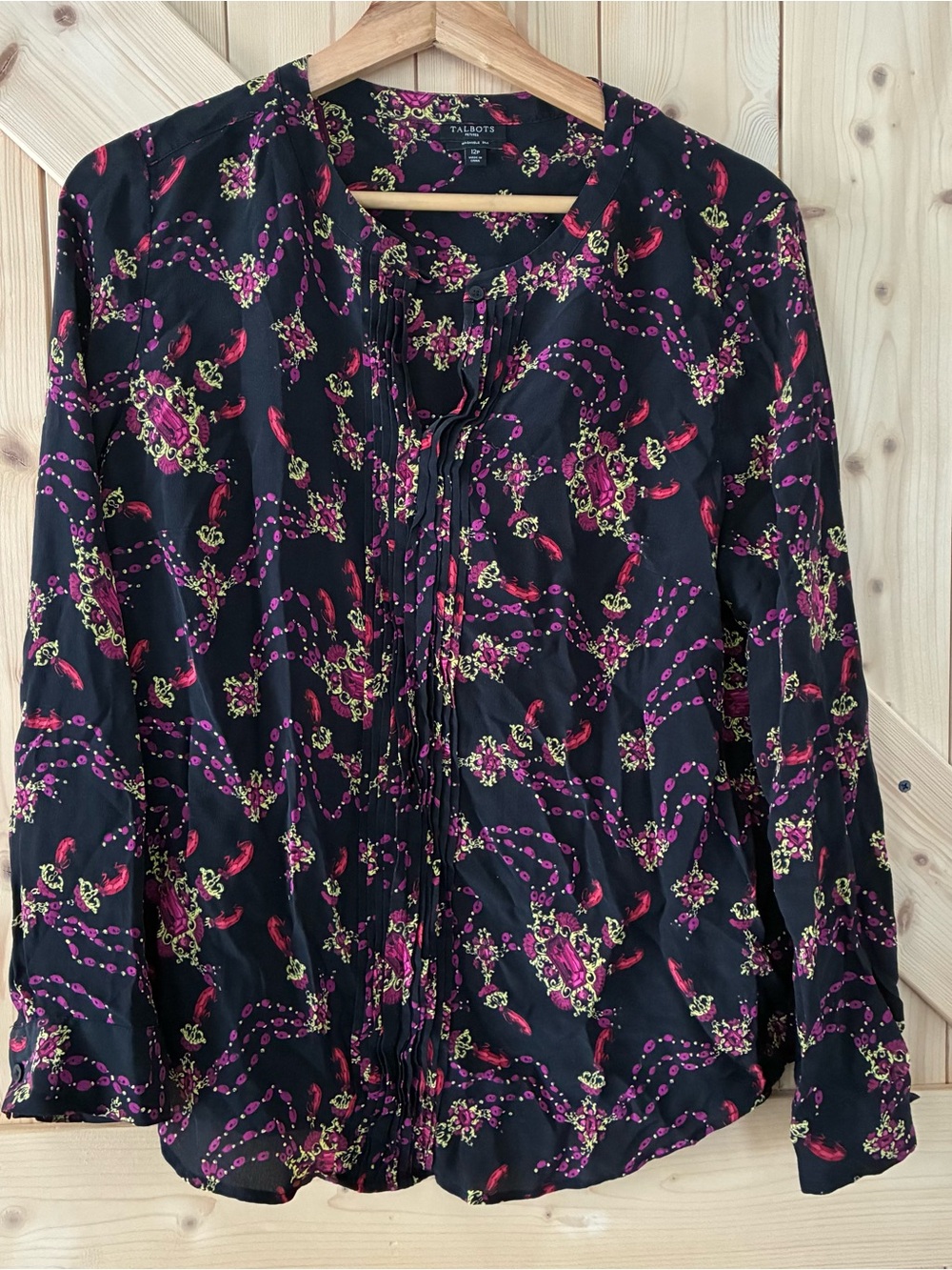 Talbots Black Floral Pintuck Front Blouse with Pink and Green Accents